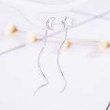 925 Sterling Silver Earring Chain Asymmetrical Star Moon Long Tassel Earrings.